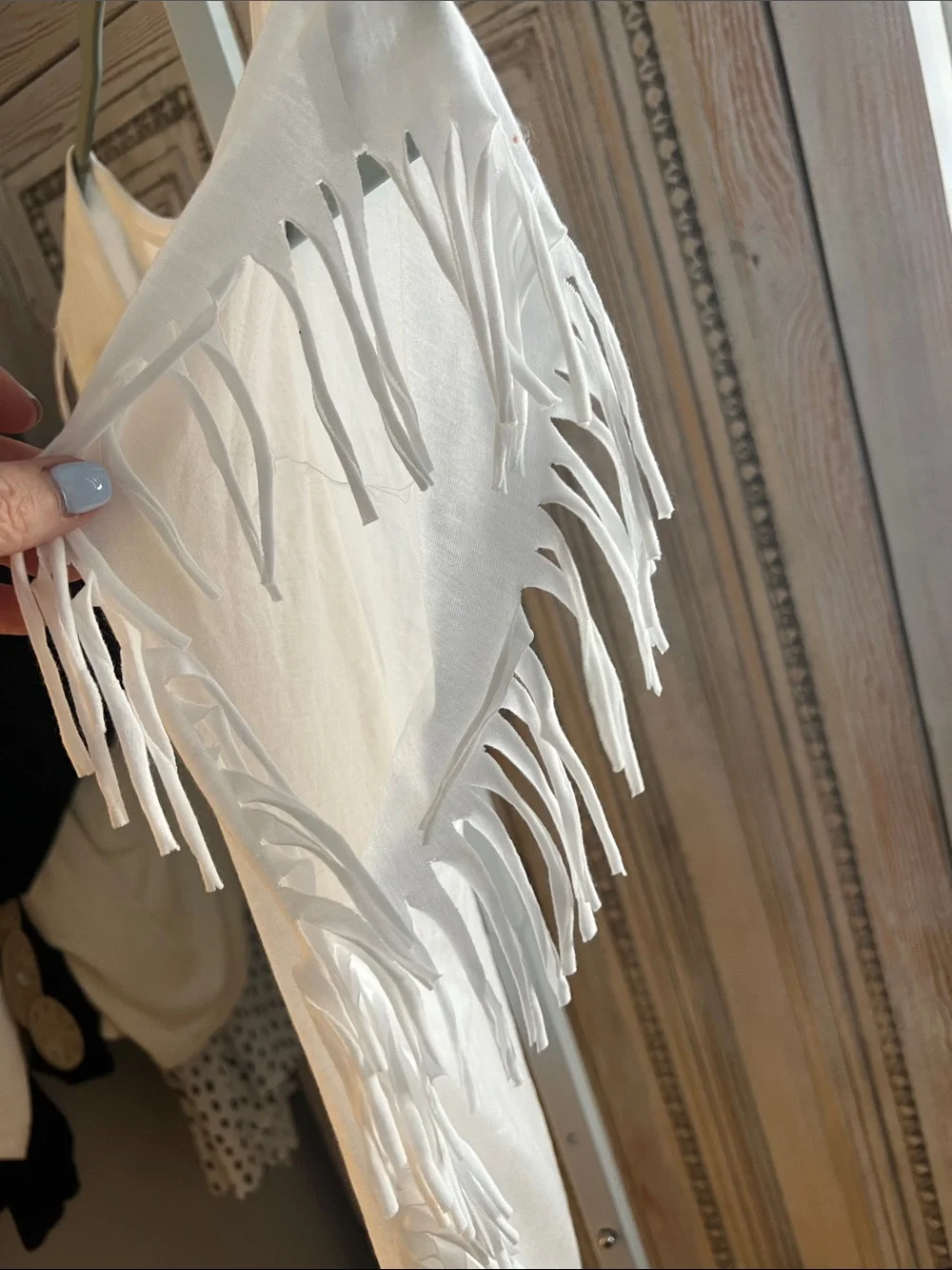 Western Boho Women's White Fringe Short Sleeve Tee - Picture 4 of 5